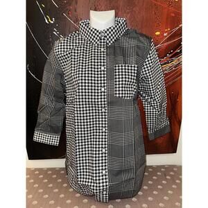LANDS END Black Houndstooth Plaid No Iron Supima 3/4 Sleeve Tunic Shirt Sz 8 NEW